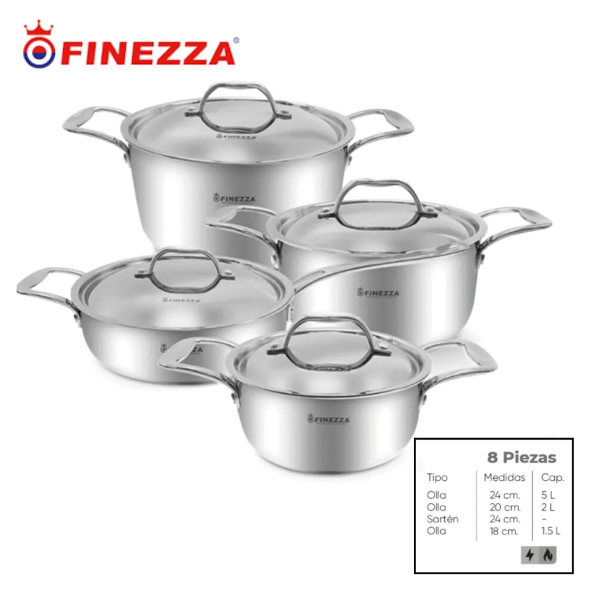 FINEZZA - JUEGO DE OLLAS EN ACERO INOXIDABLE DE 8 PIEZAS FINEZZA