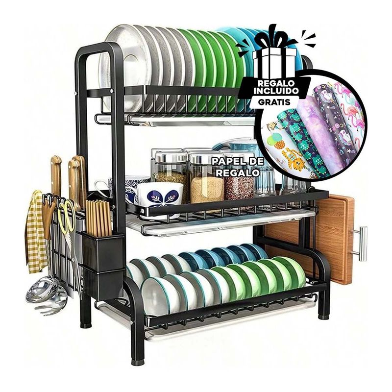 GENERICO - Pack4 Escurreplatos 3 Niveles en Negro Y+Papel de Regalo