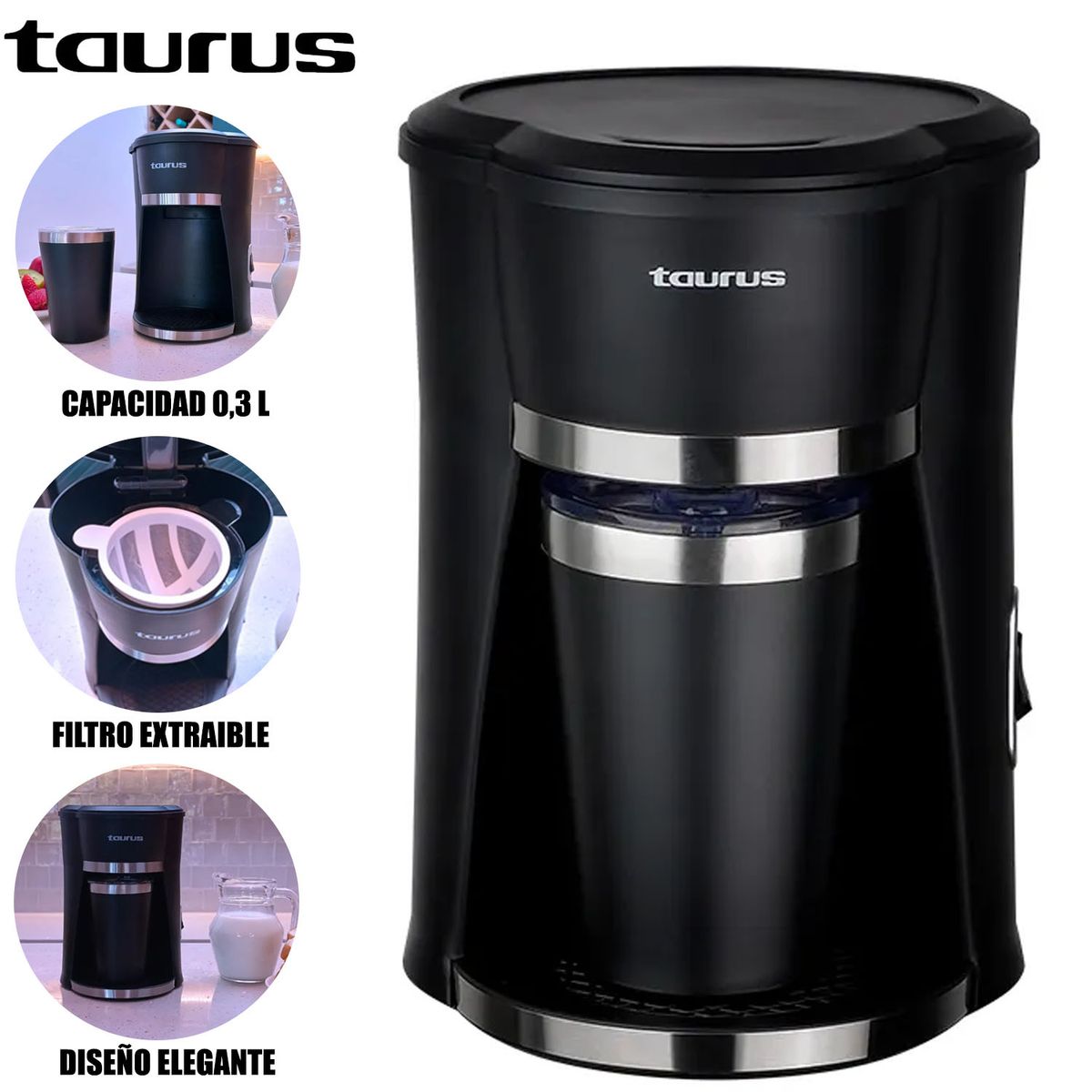 TAURUS - Cafetera Personal Coffee con Taza Térmica de Acero Inoxidable