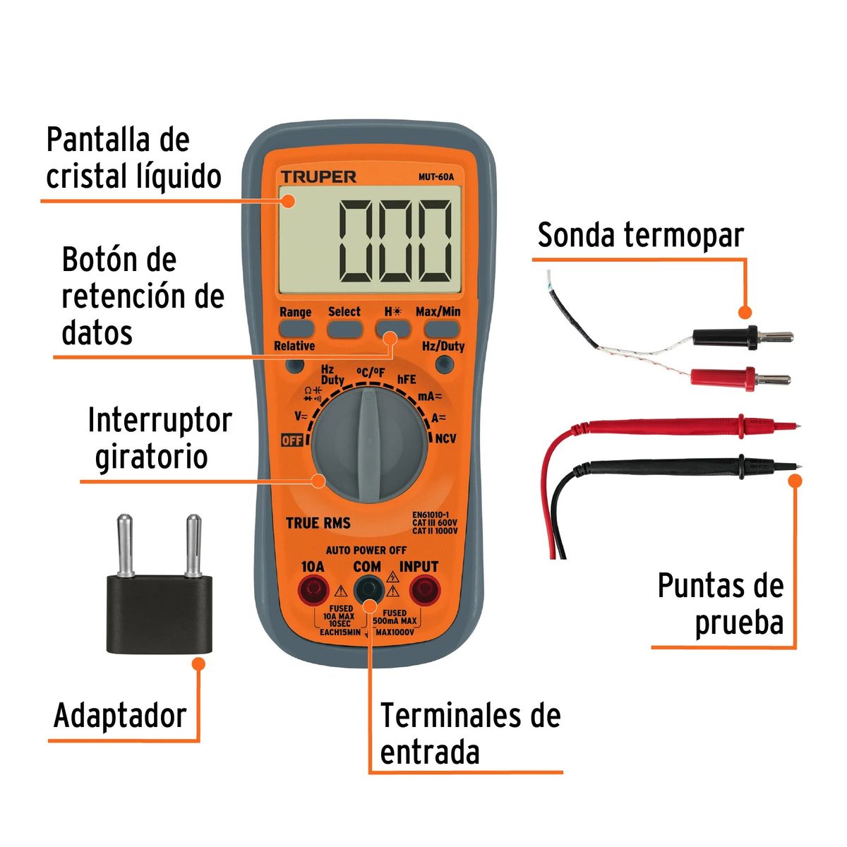 TRUPER - Multímetro Profesional True Rms Y Auto Rango Truper Mut-60a cod: 100362