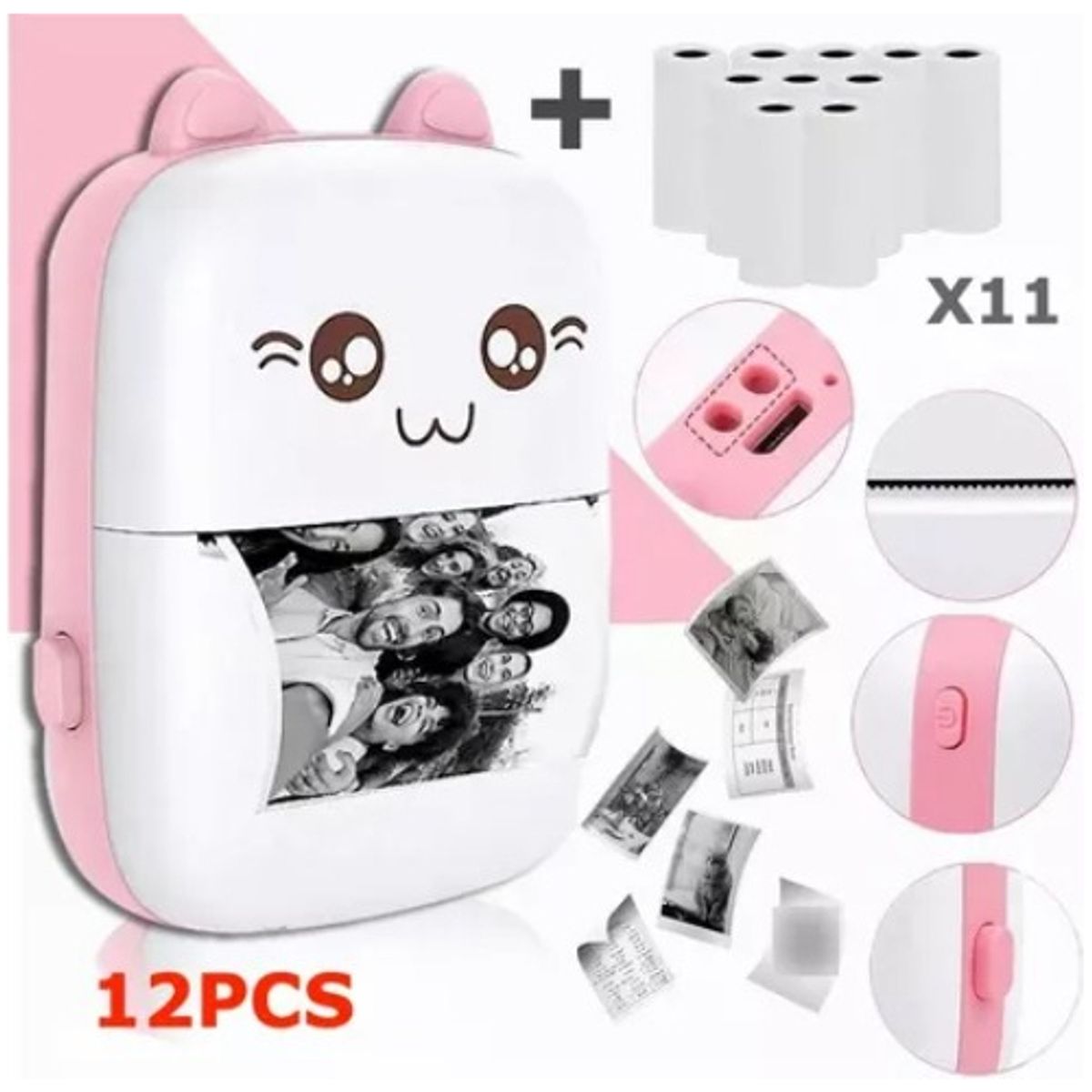 U BUY - Mini Impresora Térmica Gatita Bluetooth 200dpi 12 Rollos