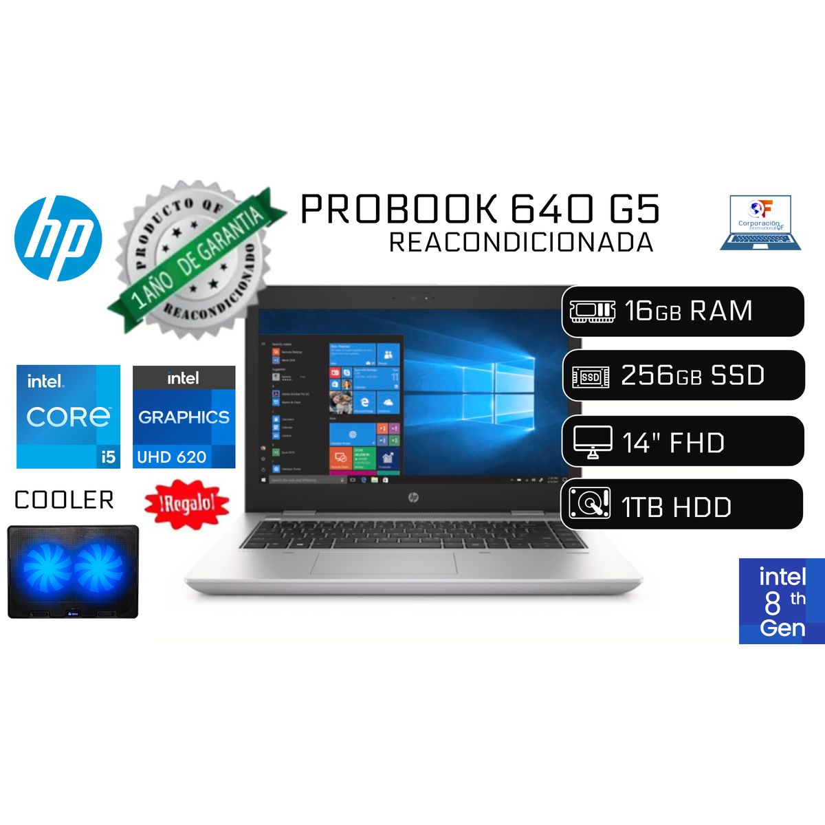 HP - Laptop Hp ProBook 640 G5 i5-8365U 16GB RAM 256GB SSD 1TB HDD Reacondicionado 1 Año Garantía + COOLER