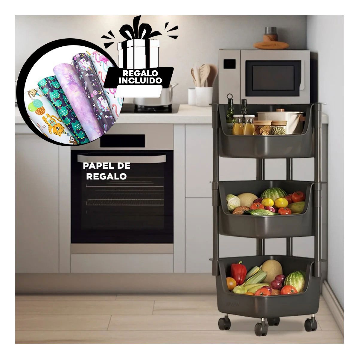 GENERICO - Carrito Practico con 3 Niveles Negro Y+Papel de Regalo