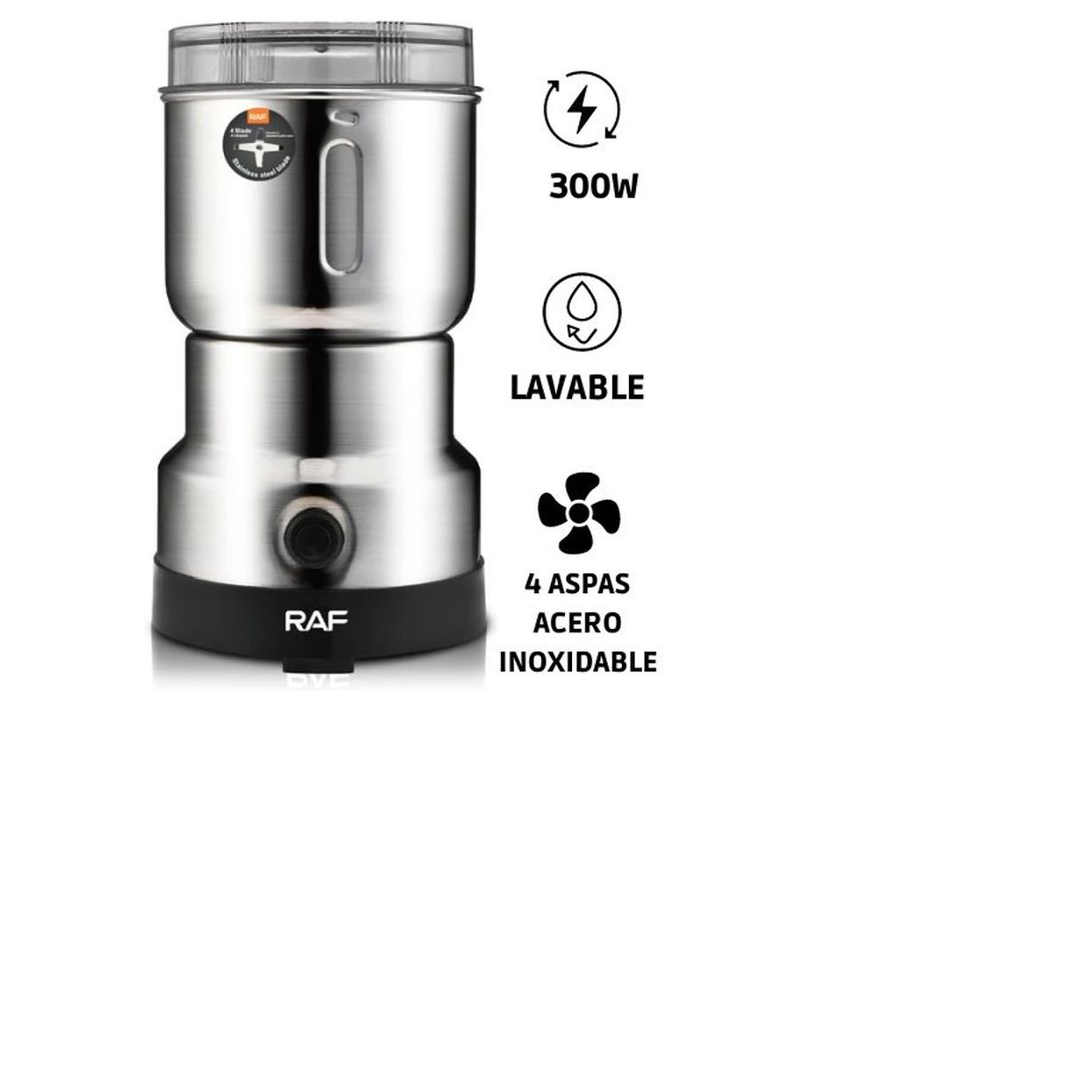 GENERICO - MOLINILLO ELÉCTRICO RAF R.7114 ACERO INOXIDABLE PARA CAFÉ Y ESPECIAS 4 ASPAS 300W