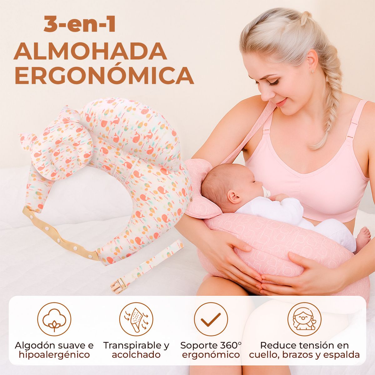 BABYPAL - Almohada de Lactancia Ergonómica 3 en 1 Suave Azul