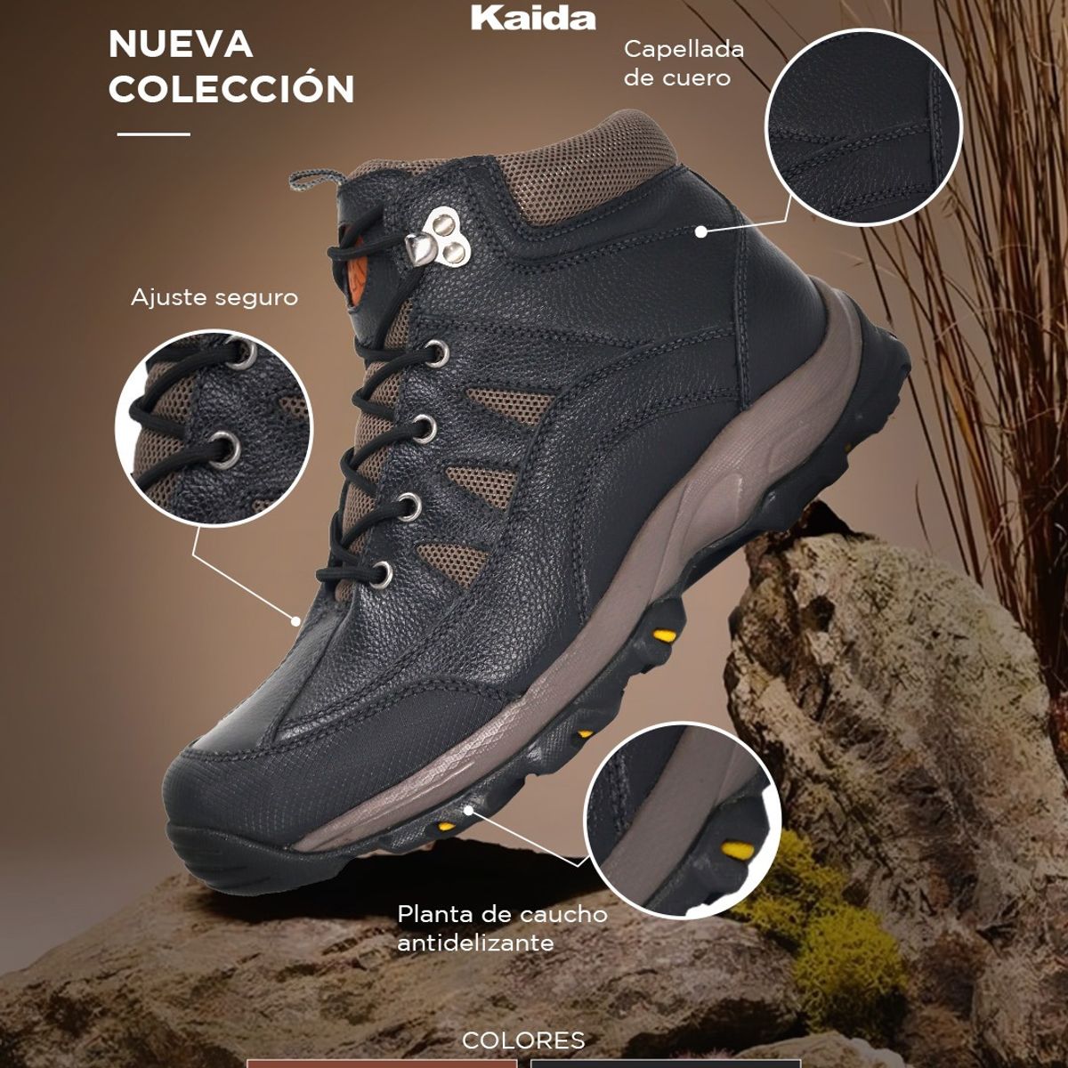 KAIDA - Botín Outdoor De Cuero Hombre CLQ3-TK-58 Negro