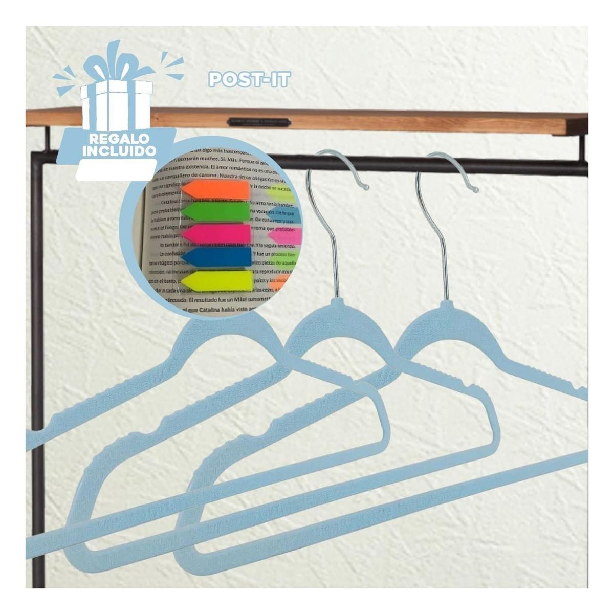 RYBIU IMPORT - Set de Perchas Seguros en Celeste Y+Post-it Adhesivos