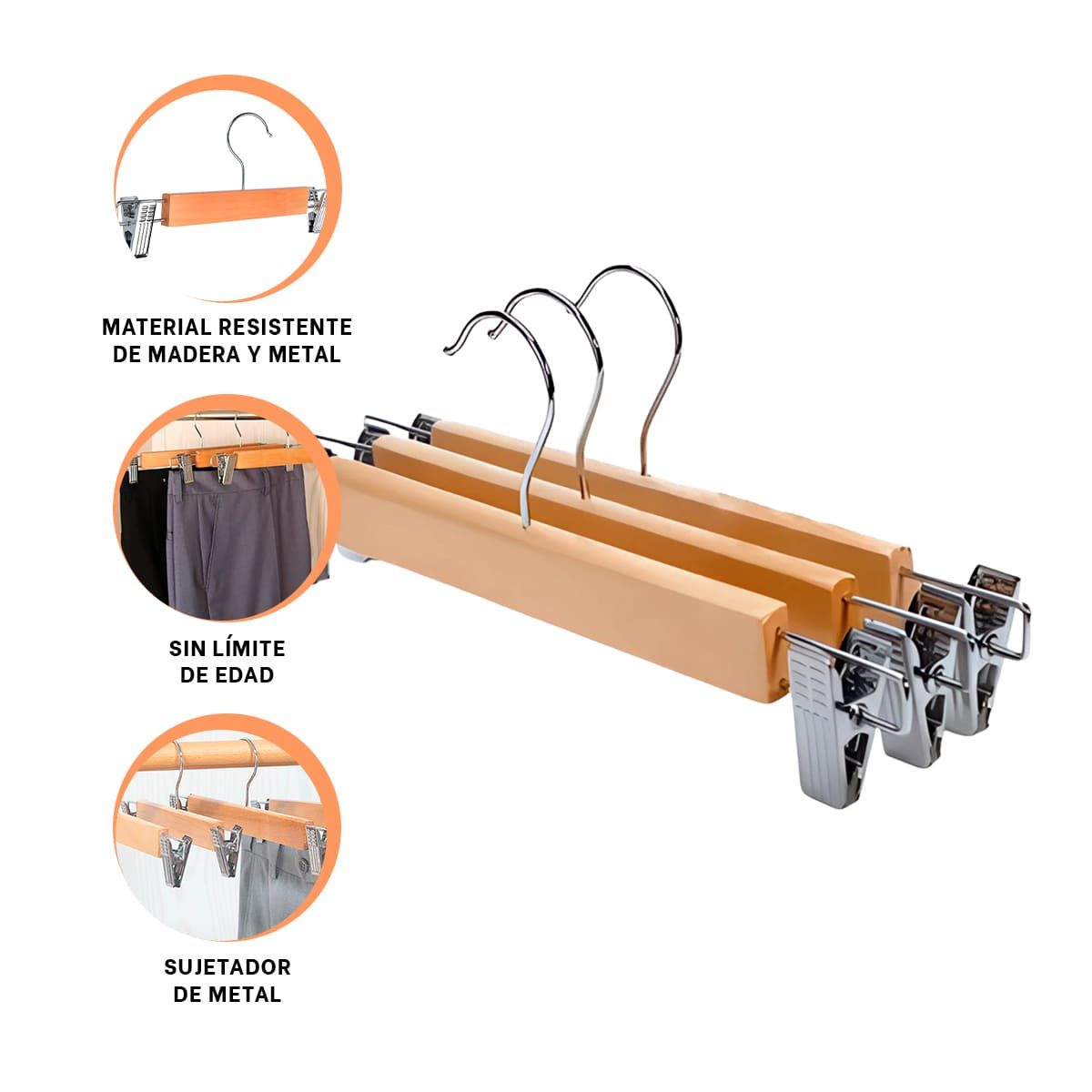 GENERICO - Pack5 Colgadores de Ropa de Madera con Ganchos de Metal
