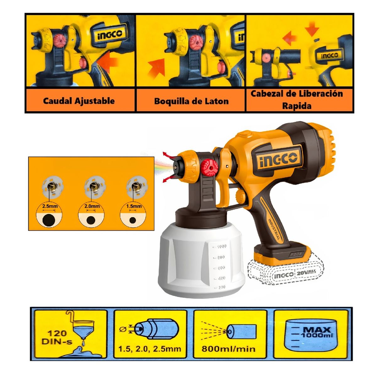 INGCO TOOLS - Pistola para Pintar Inalámbrica 20V 1000ml INGCO CSGLI20042