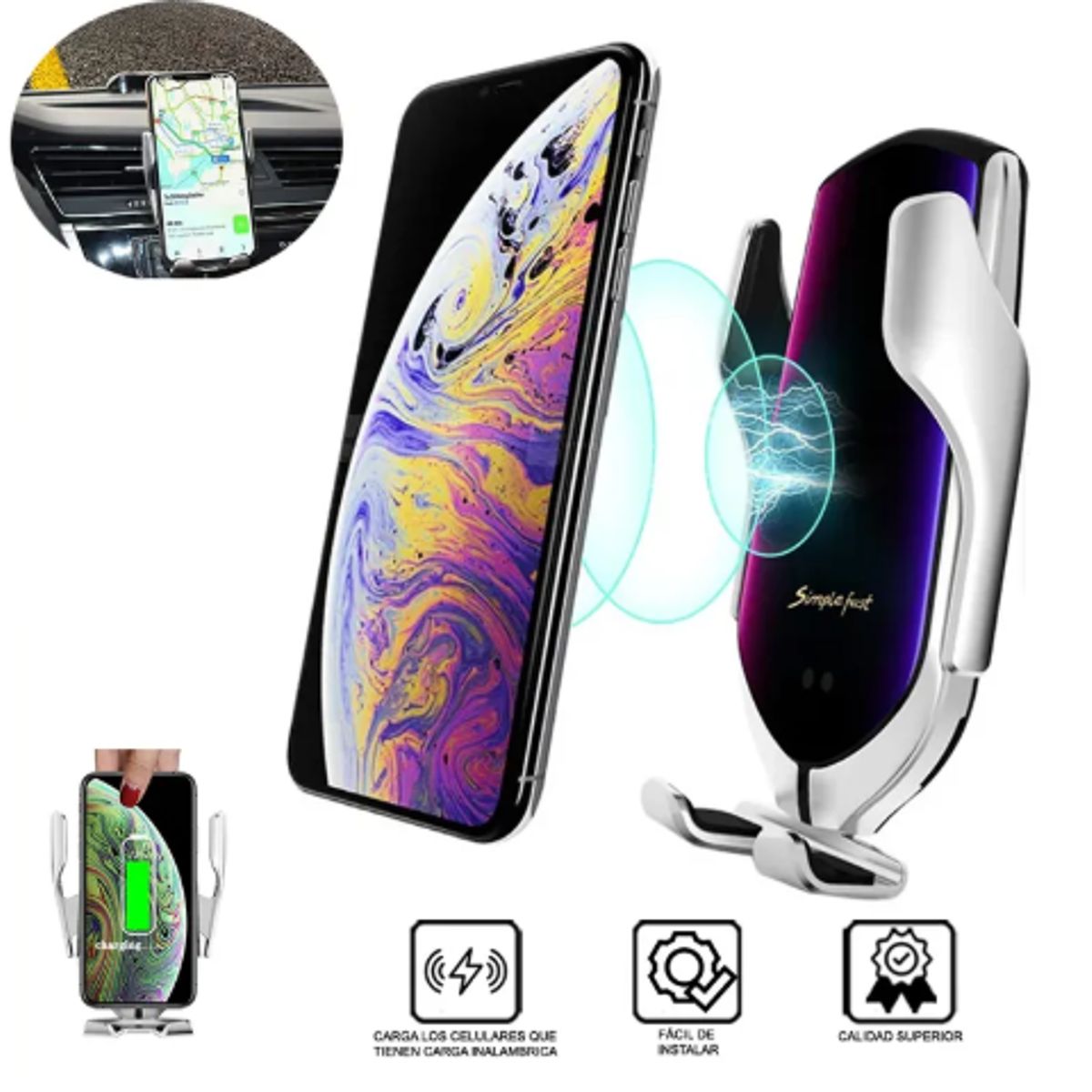 GENERICO - Cargador inalámbrico de carro R1 para celulares - Plateado