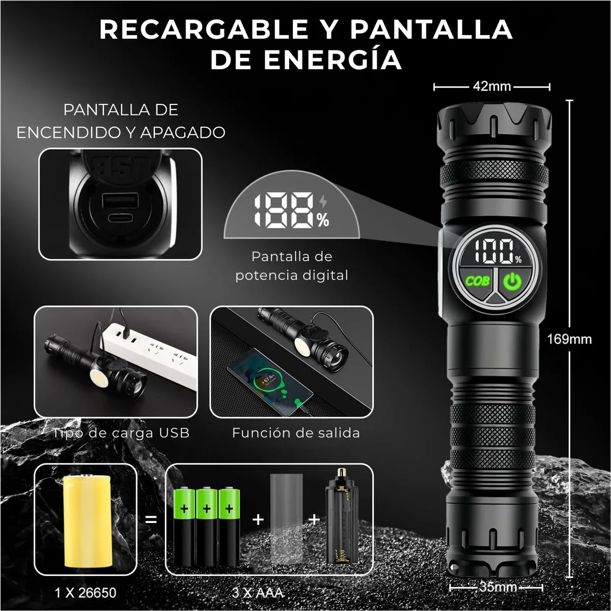 OEM - Linterna De Mano Recargable Con Imán Power Bank Y Luz Roja