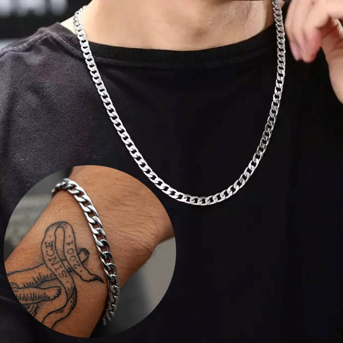 GENERICO - Set Collar Cadena y Pulsera Lomo de Corvina Para hombre