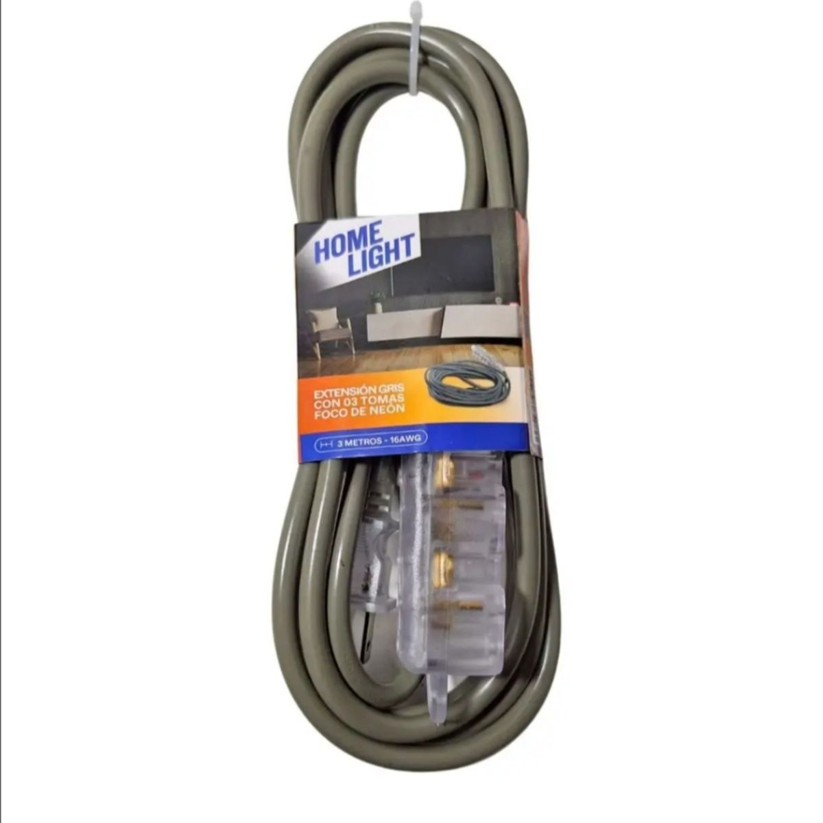 HOME LIGHT - Extensión Eléctrica Vulcanizado 3 Metros x 3 Tomas GRIS