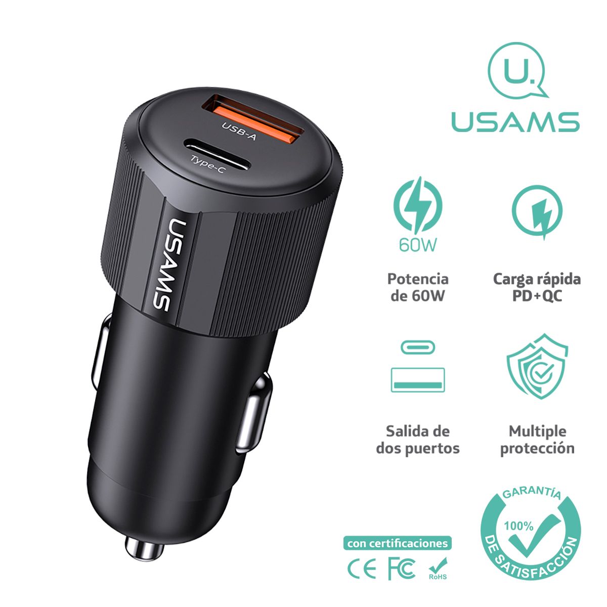USAMS - Cargador celular Auto carga rápida USAMS USB+TypeC 60W Negro