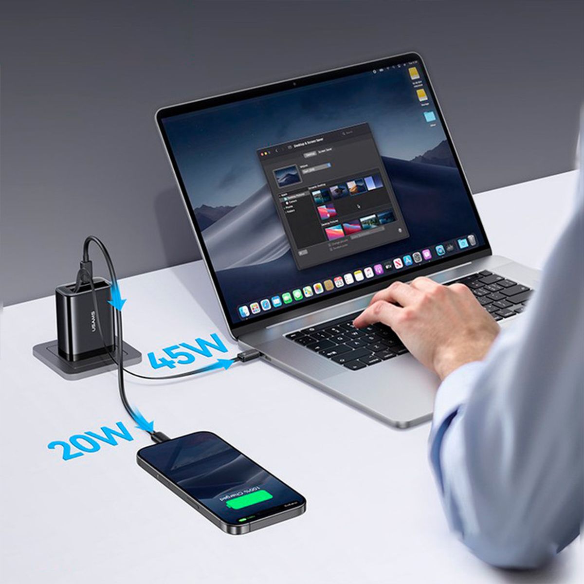 USAMS - Cargador celular 65W+Cable Retráctil TypeC+Puertos USB+TypeC