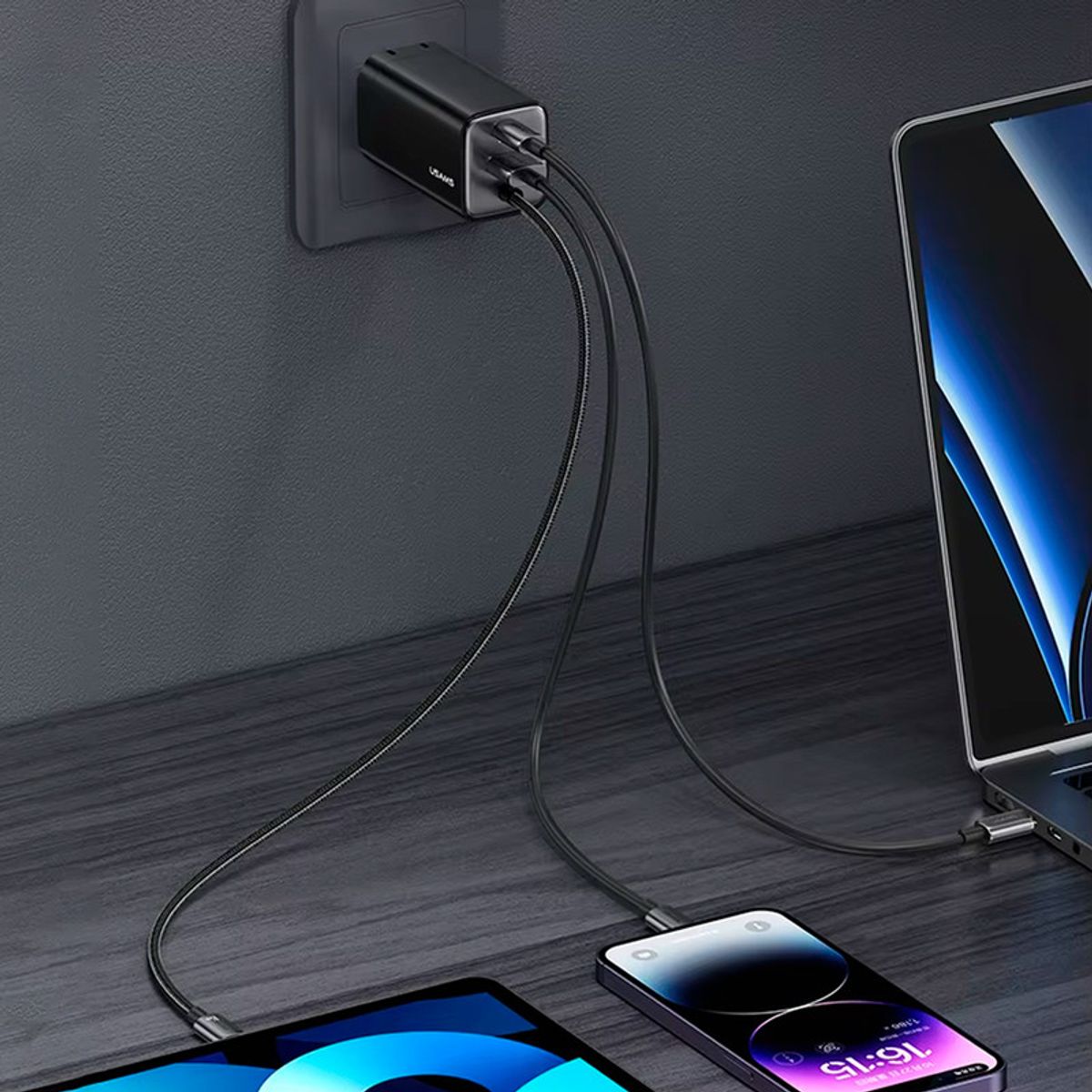 USAMS - Cargador celular 65W USAMS+Cable Type-C+Puertos USB+Type-C