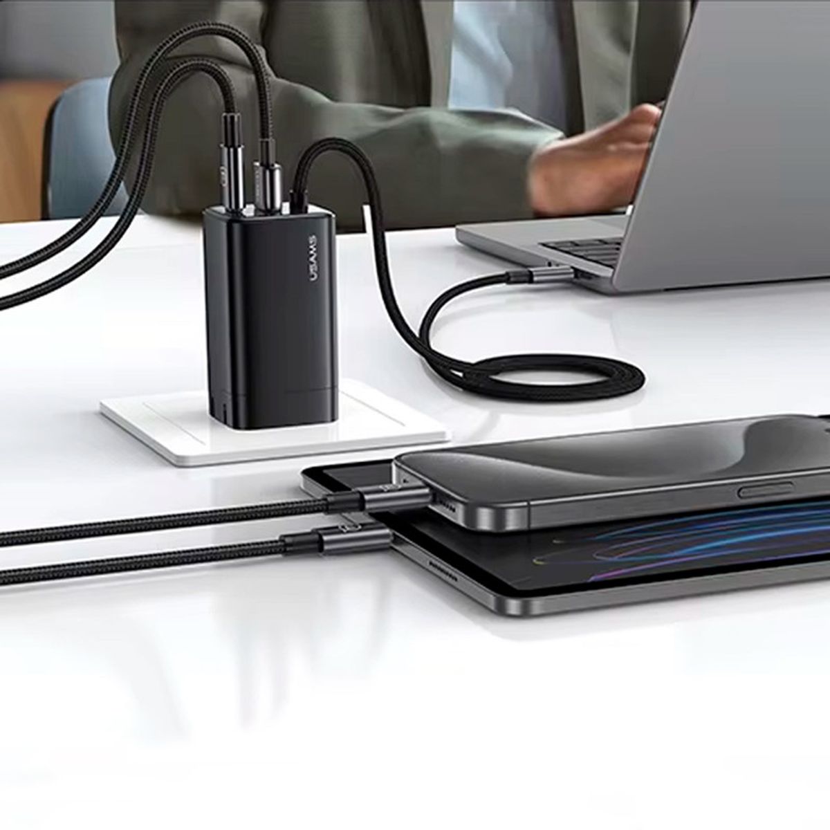 USAMS - Cargador celular 65W USAMS+Cable Type-C+Puertos USB+Type-C