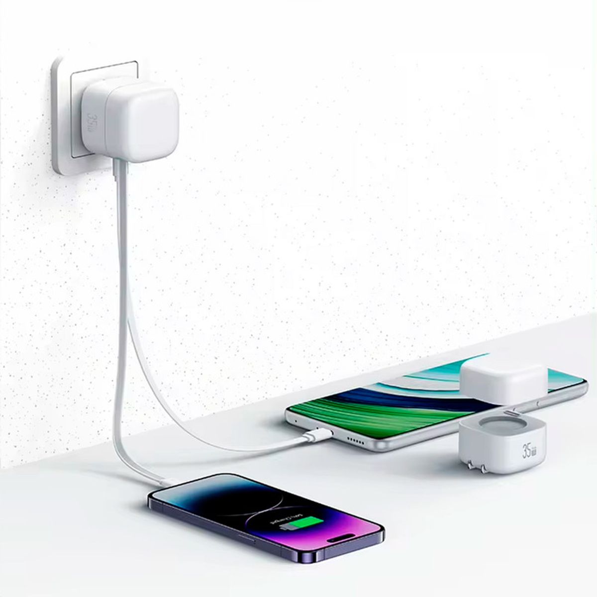 USAMS - Cargador Celular Pared PD 35W+Cable Retráctil iPhone Blanco