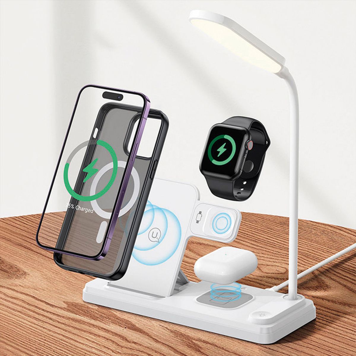 USAMS - Cargador Inalámbrico 4en1 con lámpara 15W Blanco USAMS