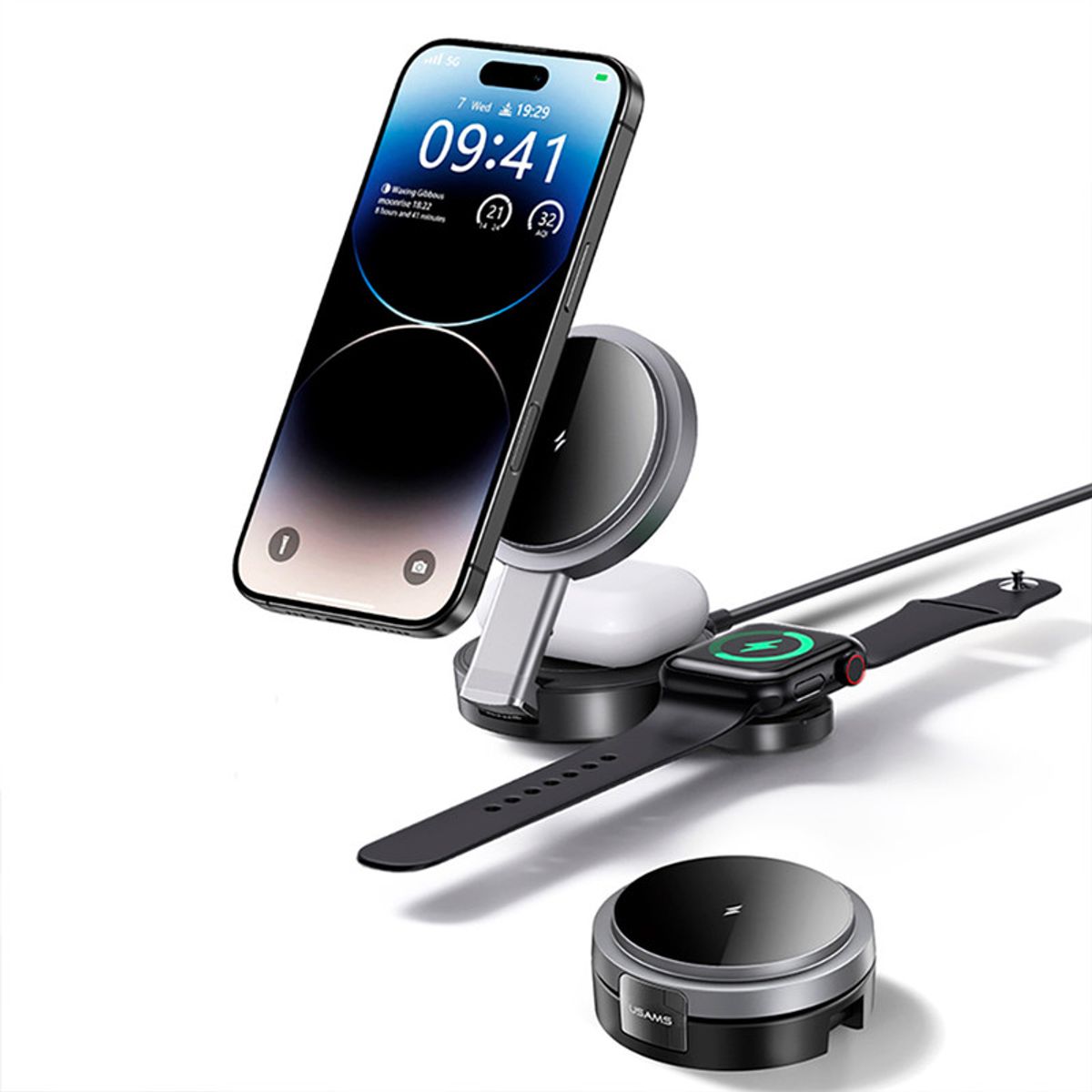 USAMS - Cargador inalámbrico para Celular Earpods y Smartwatch 15W