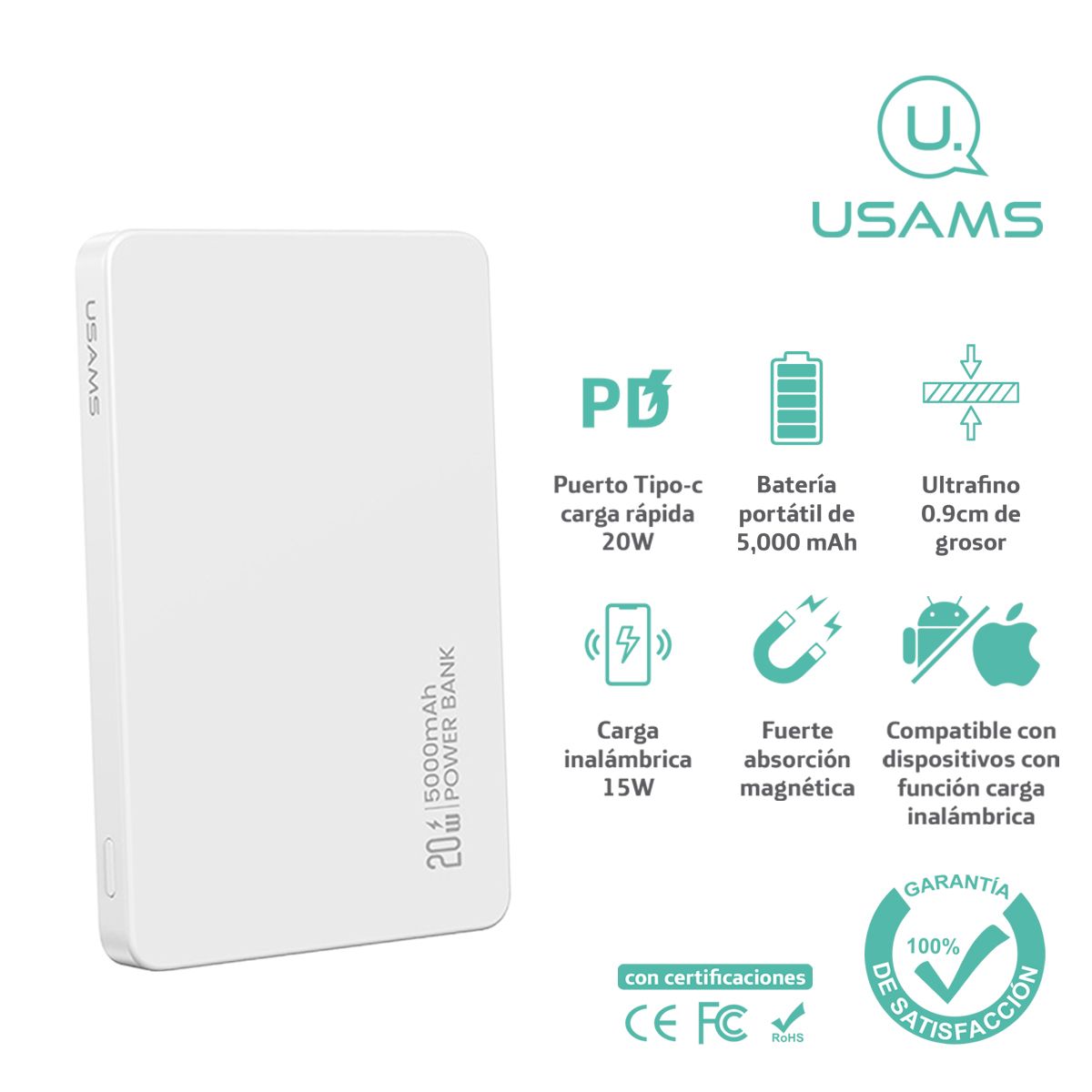 USAMS - Cargador Batería Portát PowerBank USAMS Magsafe 5000mAh Bla
