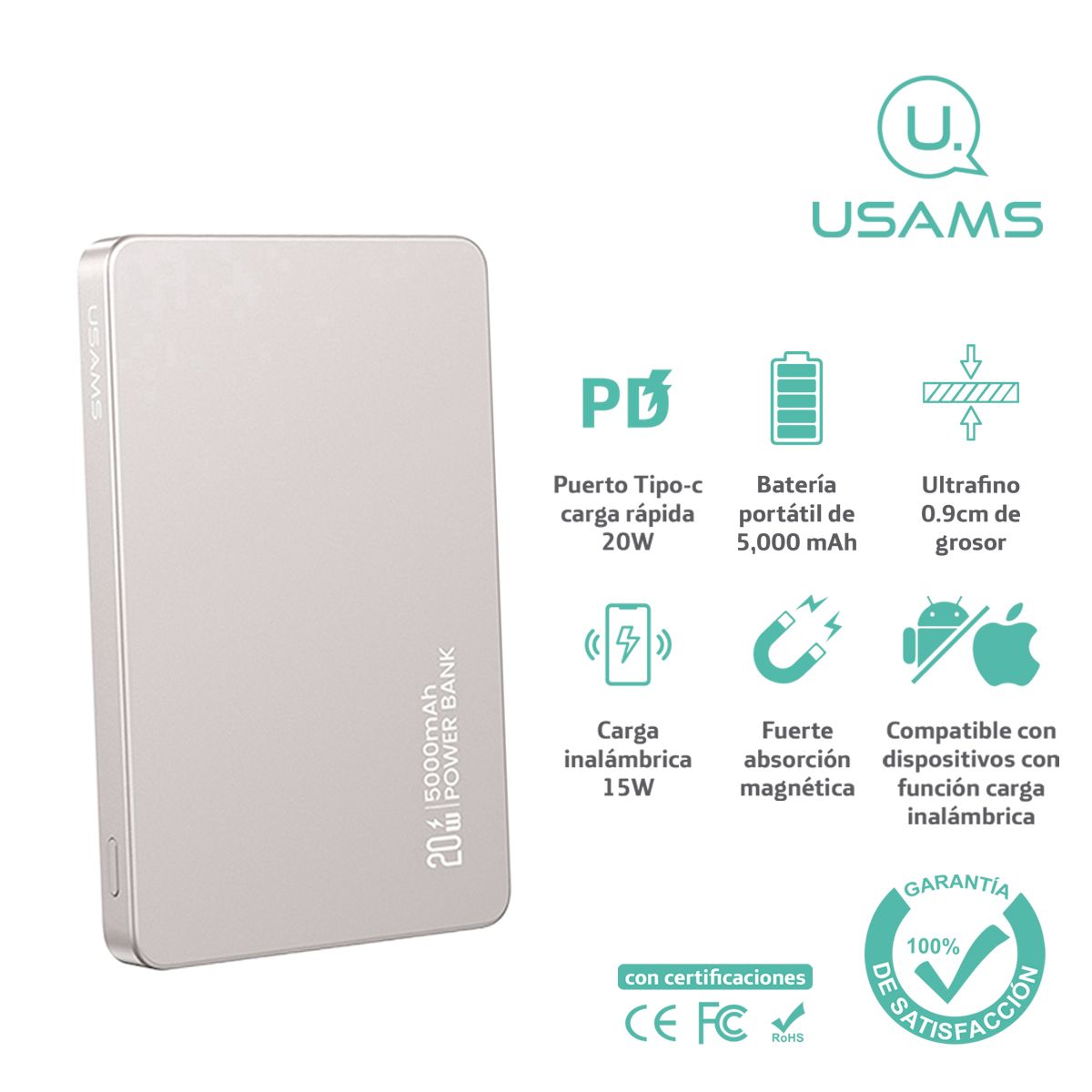 USAMS - Cargador Batería Portá PowerBank USAMS Magsafe 5000mAh Titan