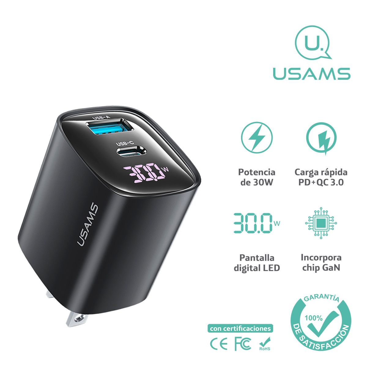 USAMS - Cargador celular carga rápida USAMS Digital USB 30W Negro