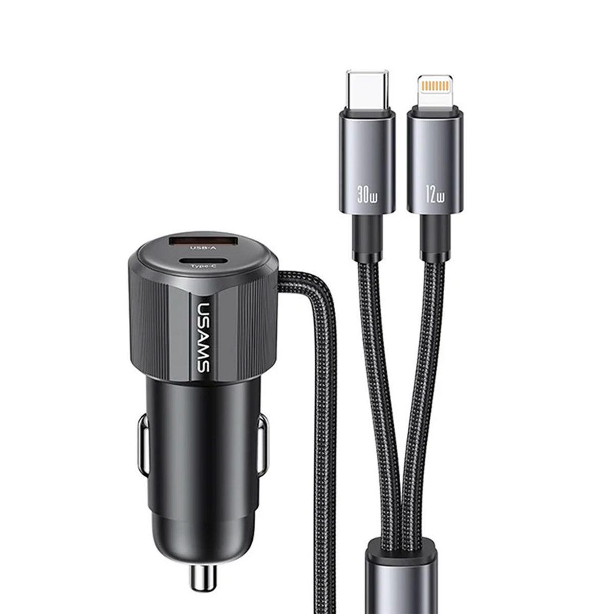 USAMS - Cargador Auto 66W Puerto USB+TypeC y Cables TypeC+iPhone