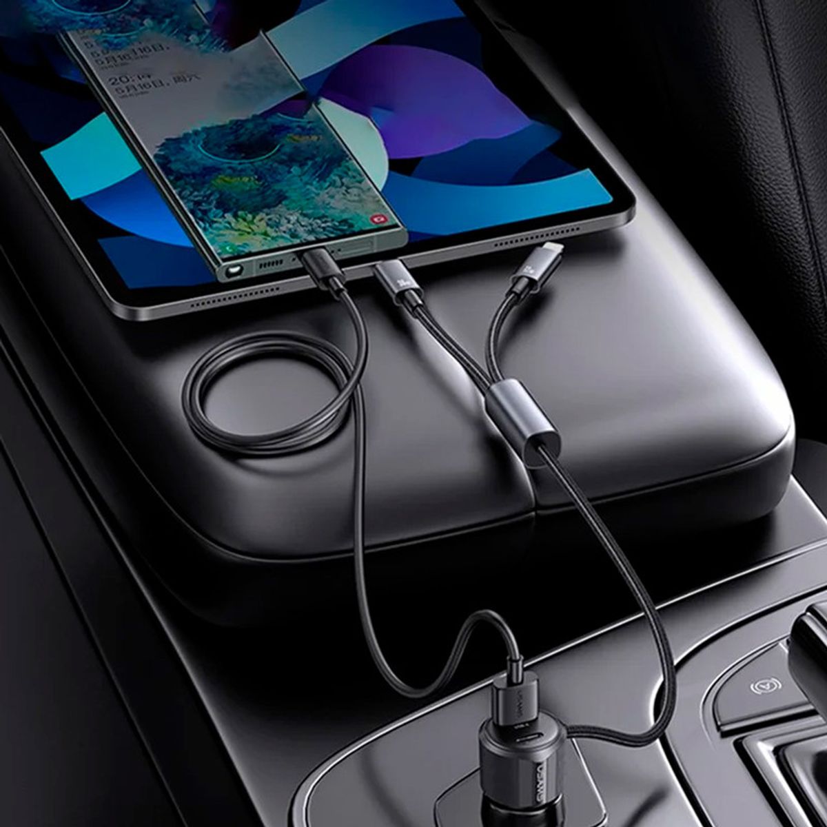 USAMS - Cargador Auto 66W Puerto USB+TypeC y Cables TypeC+iPhone