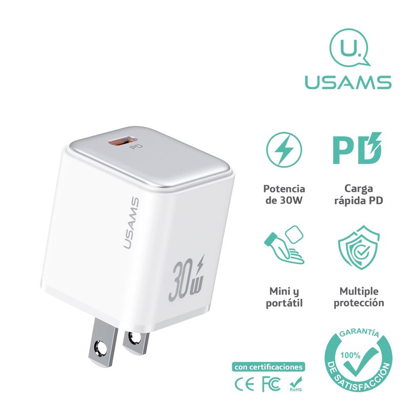 USAMS - Cargador celular Pared carga rápida USAMS  PD 30W Blanco