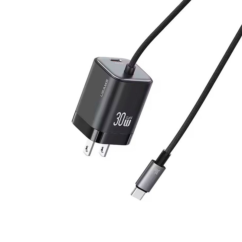 USAMS - Cargador celular Pared GAN 30W USAMS + Cable Tipo-C Negro