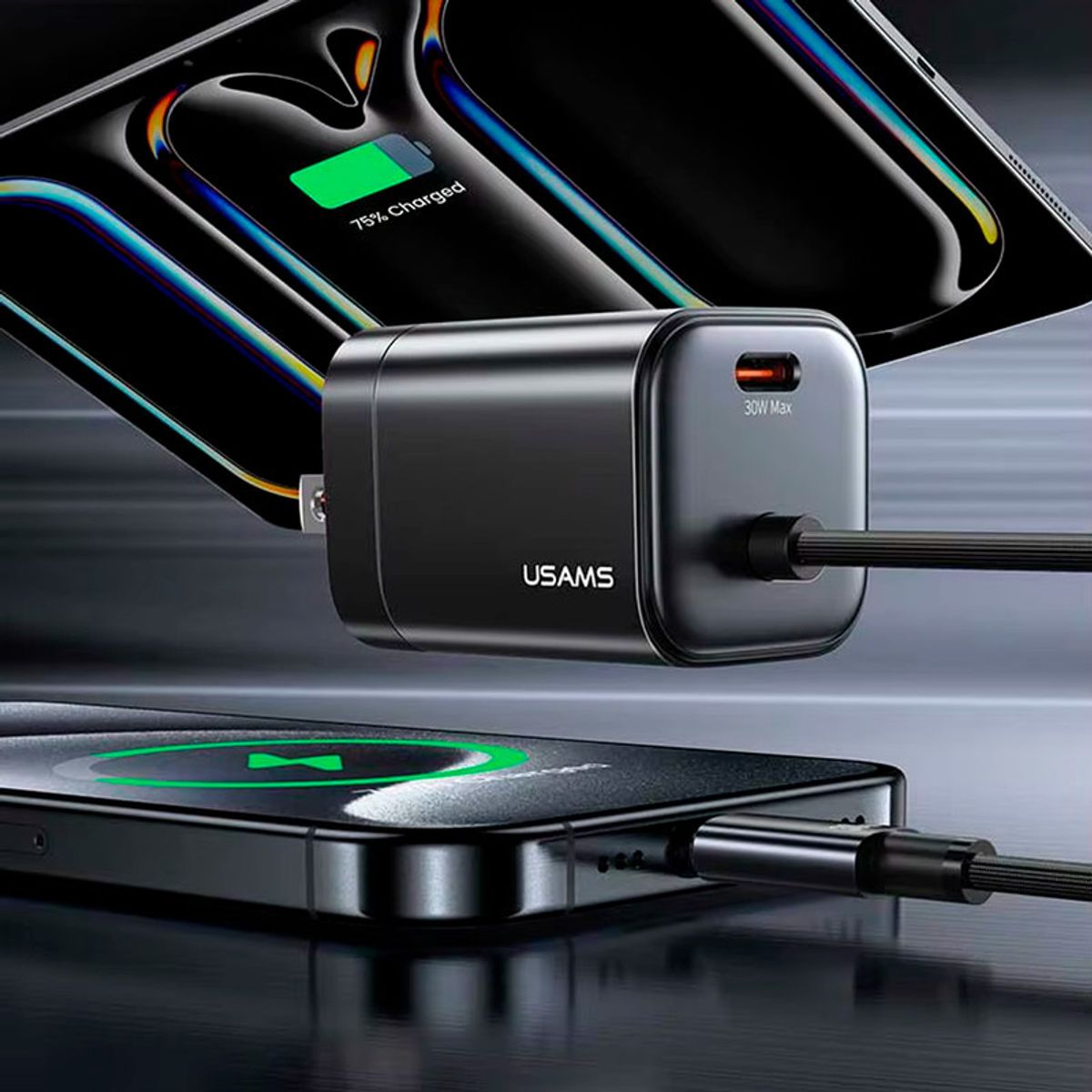 USAMS - Cargador celular Pared GAN 30W USAMS + Cable Tipo-C Negro