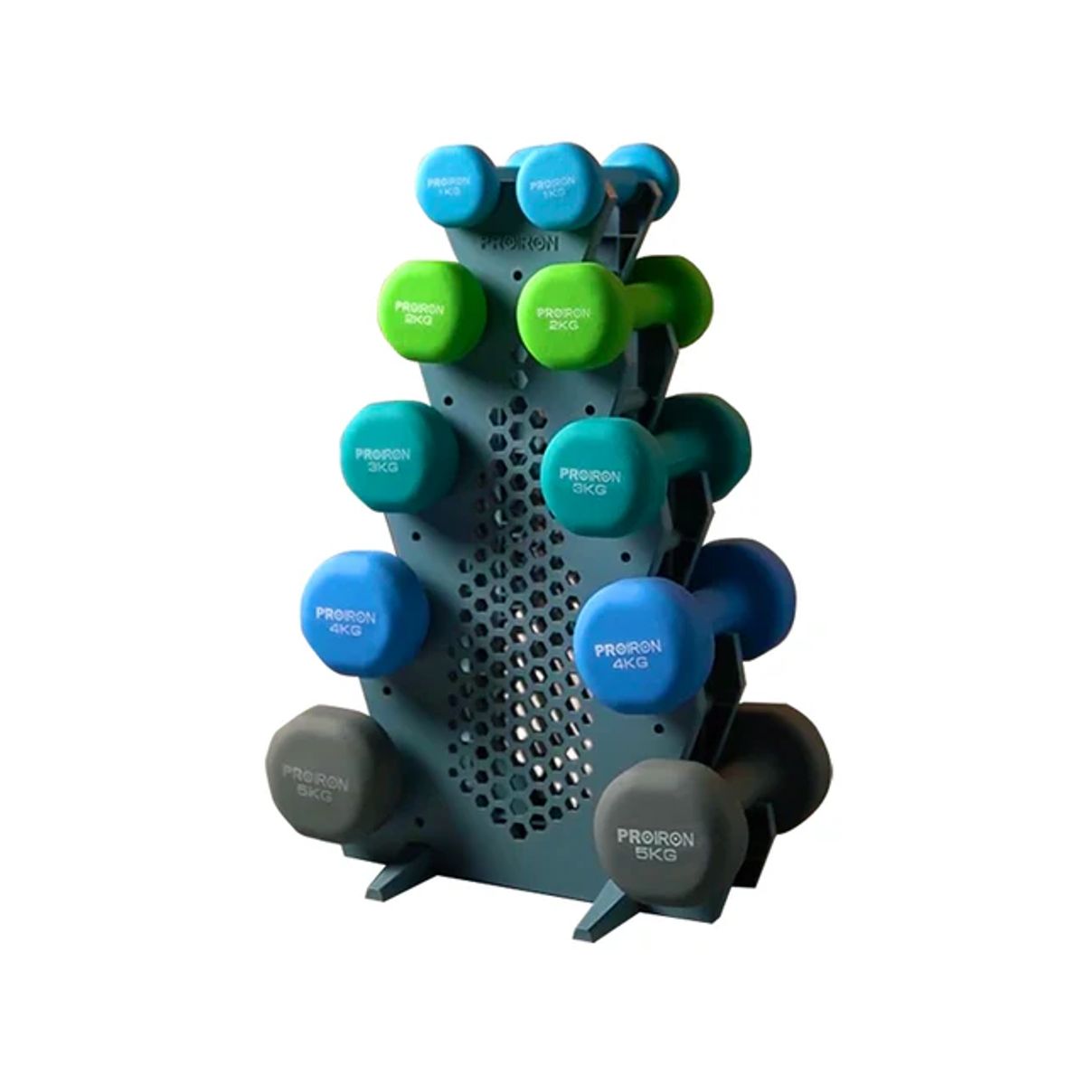 PROIRON - Set de mancuernas de neopreno de 1KG Celeste, 2KG, 3KG, 4KG y 5KG + Rack 5 niveles