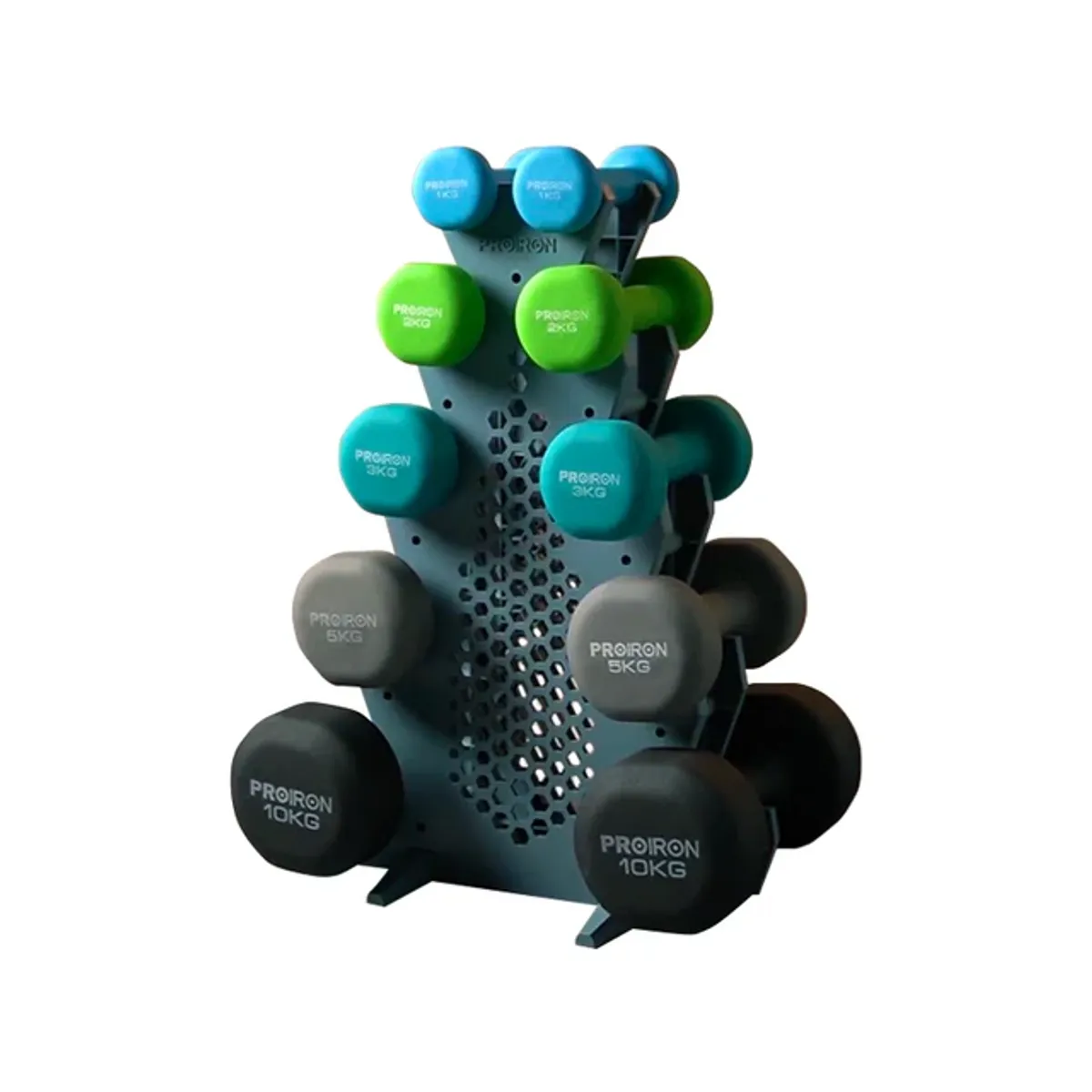 PROIRON - Set de mancuernas de neopreno de 1KG Celeste, 2KG, 3KG, 5KG y 10KG + Rack 5 niveles