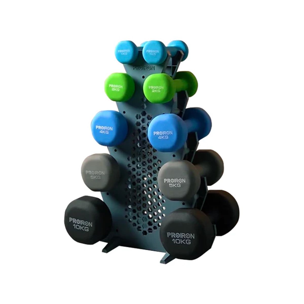 PROIRON - Set de mancuernas de neopreno de 1KG Celeste, 2KG, 4KG, 5KG y 10KG + Rack 5 niveles