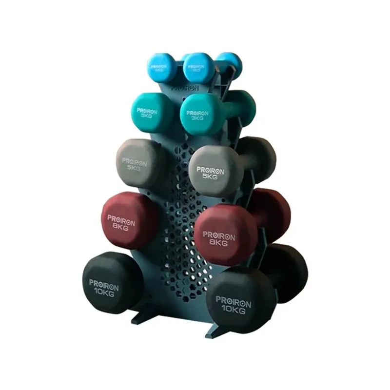 PROIRON - Set de mancuernas de neopreno de 1KG Celeste, 3KG, 5KG, 8KG y 10KG + Rack 5 niveles