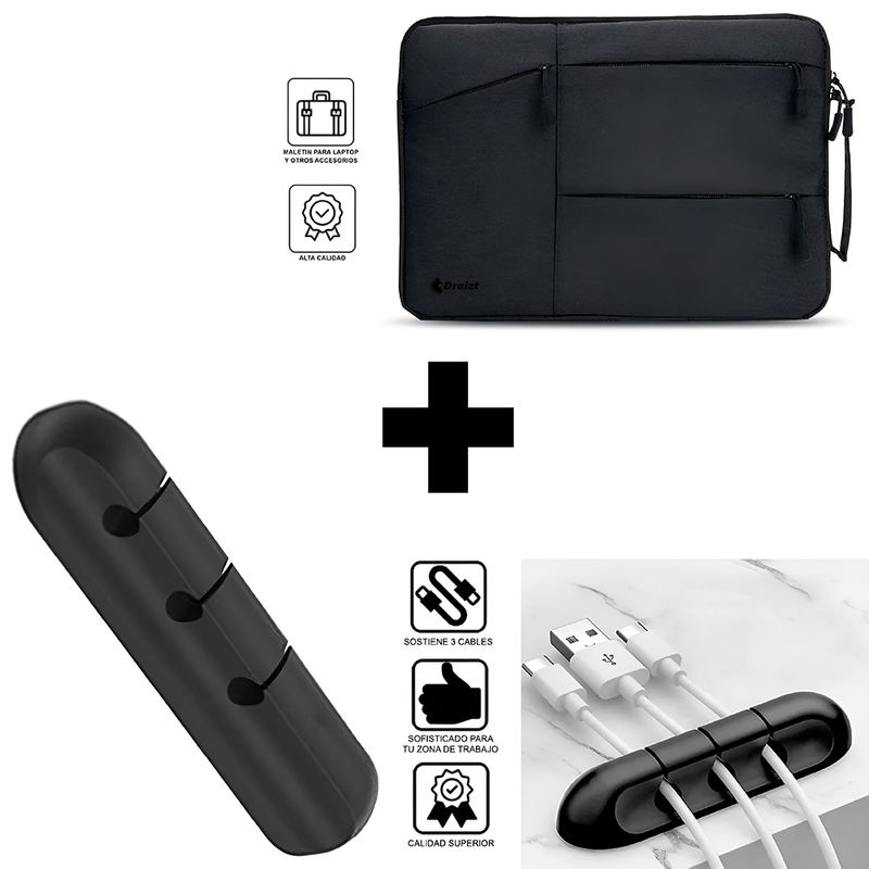 DREIZT - Combo organizador de cables ADC210011 + Funda porta laptop negro 15.6 ADC210022