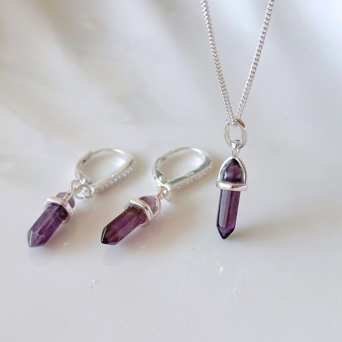 GENERICO - Set Collar y Aretes Cuarzo Amatista Plata