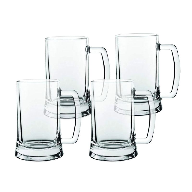 PENTHA - Vaso Cervecero de Vidrio con Asa 490ml Set de 4 Tazas Transparentes