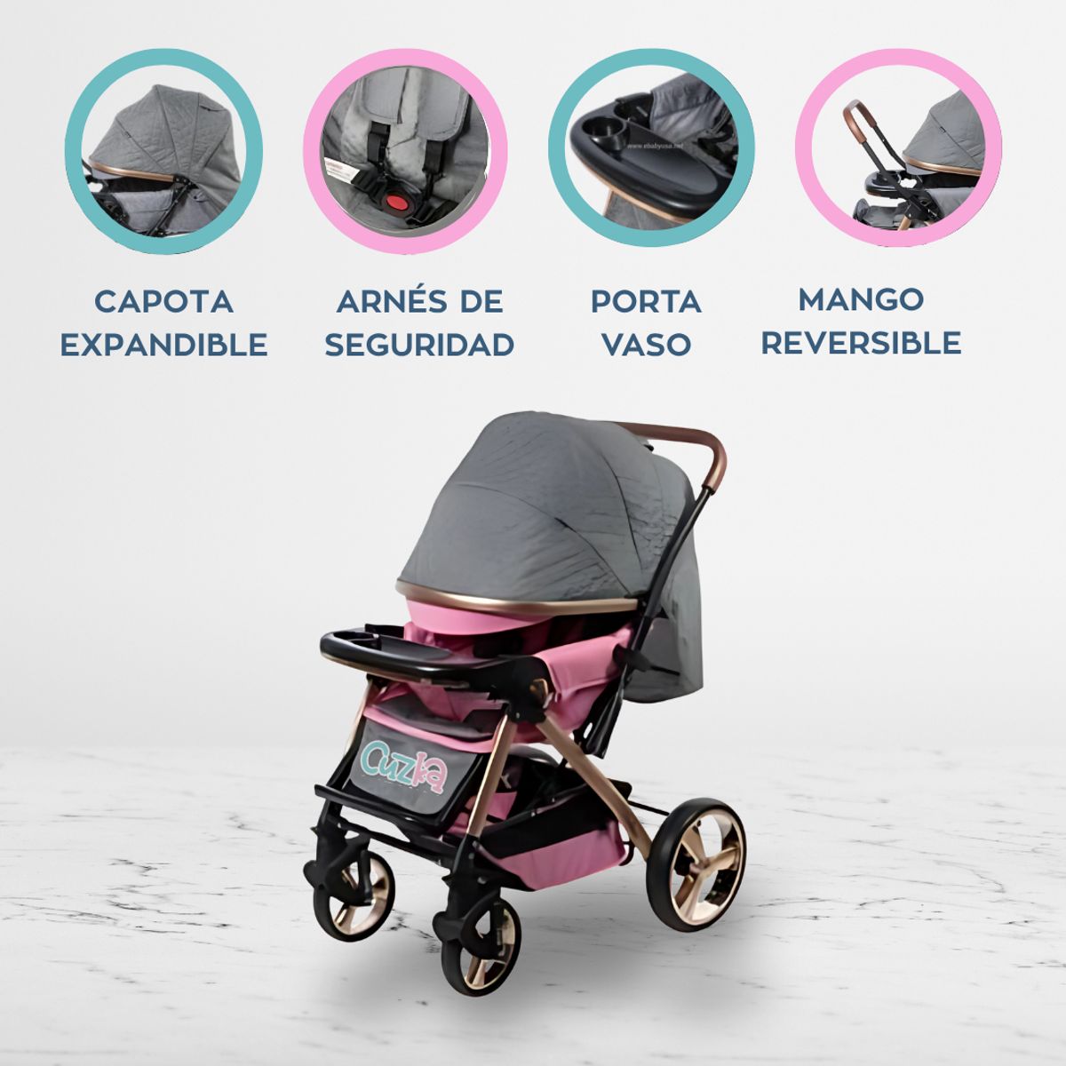 EBABY - Coche Cuna Reversible para Bebé «HARDY» Pink