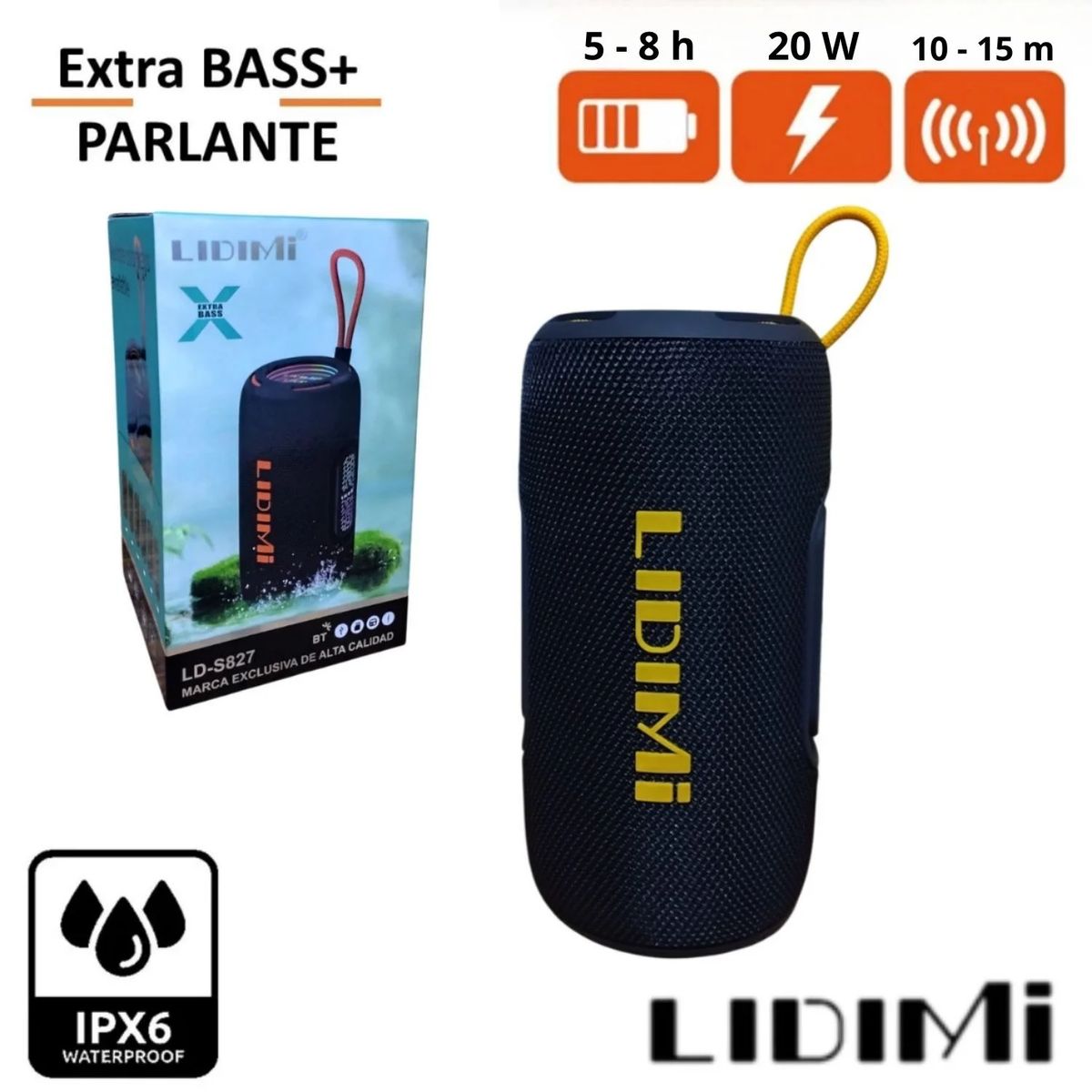 LIDIMI - Parlante Portátil Bluetooth LIDIMI LD-S827 20W con X-BASS - N