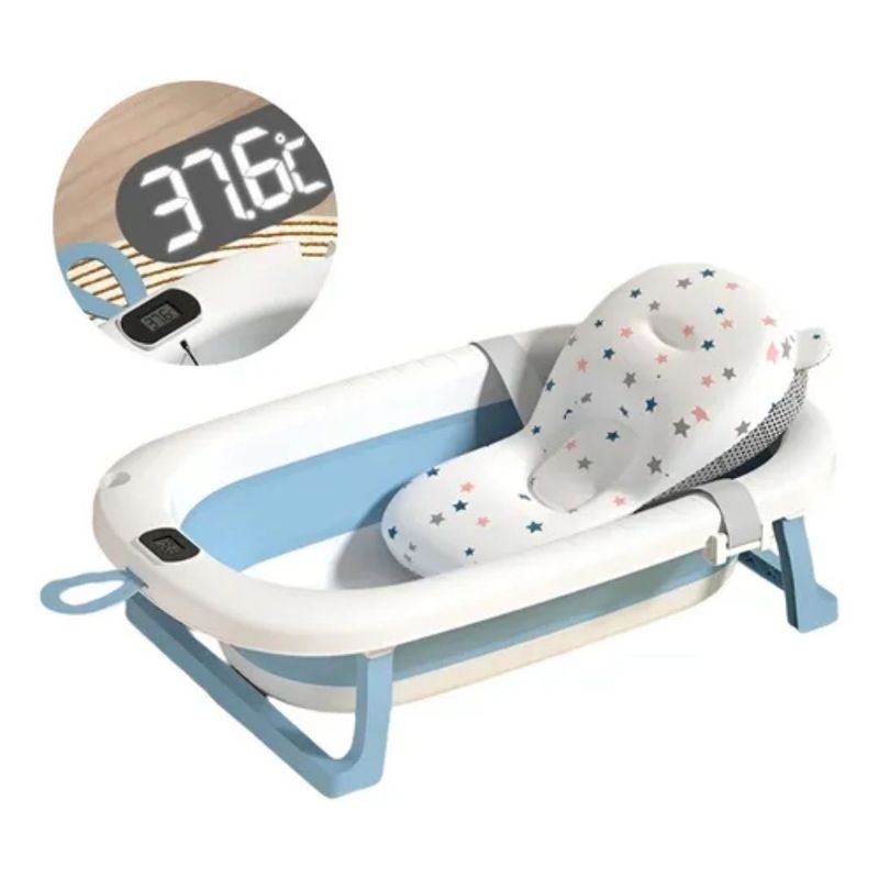 GENERICO - Bañera de Bebe Plegable+Termómetro Cojin Antideslizante Azul