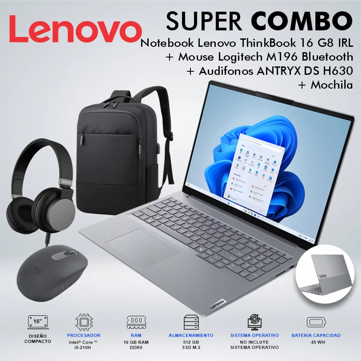 LENOVO - LAPTOP LENOVO THINKBOOK 16 G8 IRL CORE i5-210H MEMORIA 16GB DISCO 512GB SSD M2