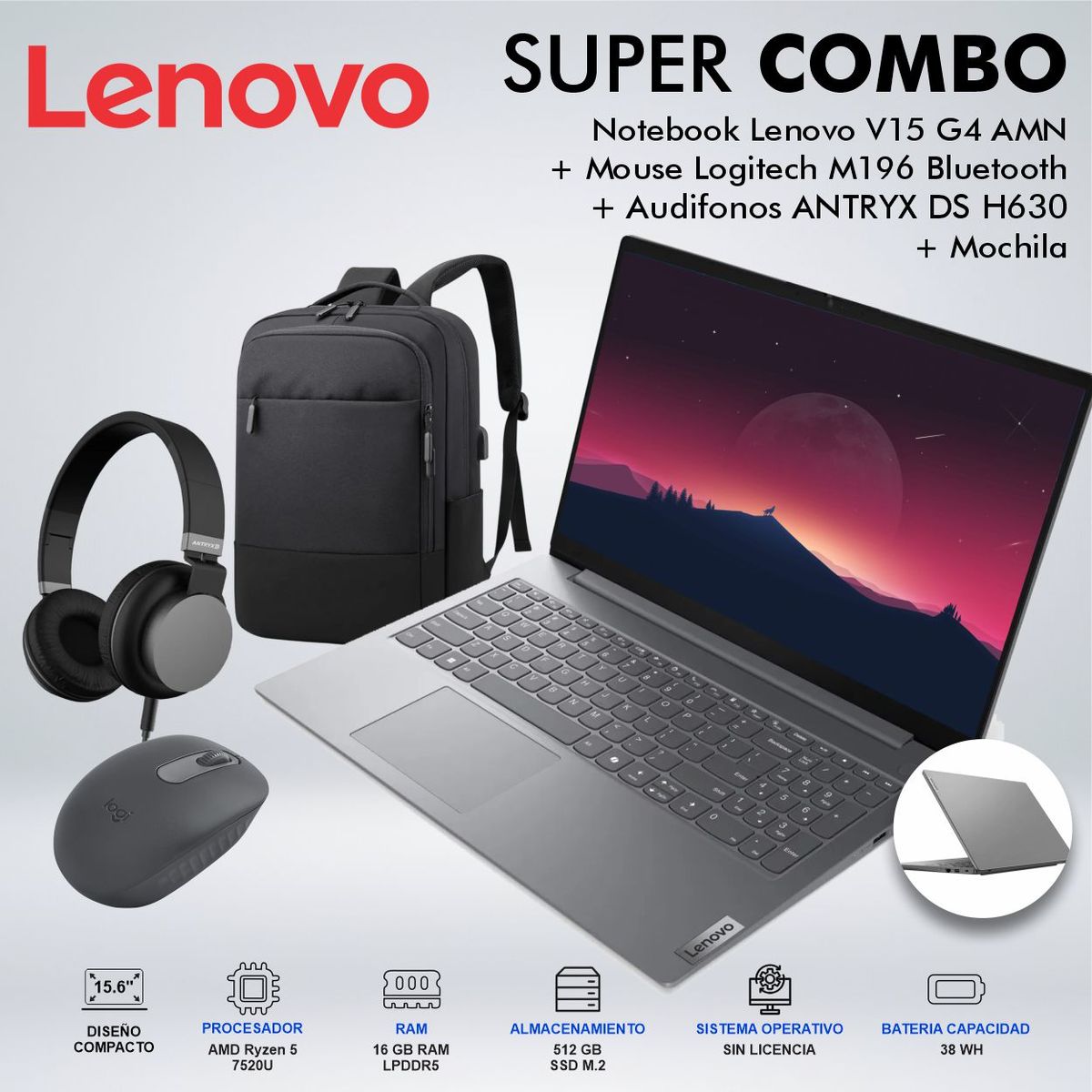 LENOVO - LAPTOP LENOVO V15 G4 AMD RYZEN 5 7520U MEMORIA 16GB DISCO 512GB SSD M2