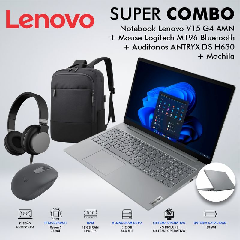 LENOVO - LAPTOP LENOVO V15 G4 AMD RYZEN 5 7520U MEMORIA 16GB DISCO 512GB SSD M2