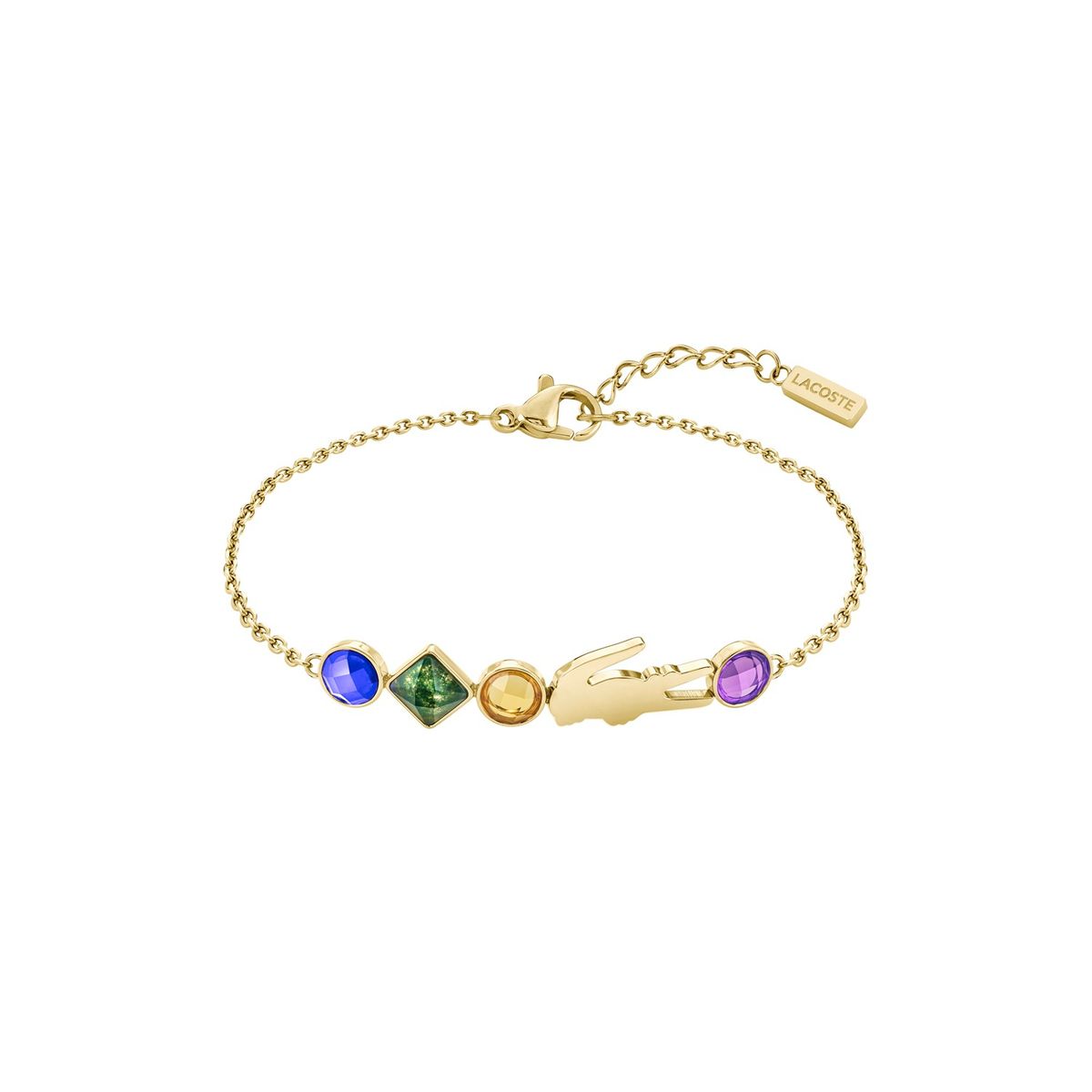 LACOSTE - Pulsera de acero inoxidable plateado con dorado y piedras multicolor