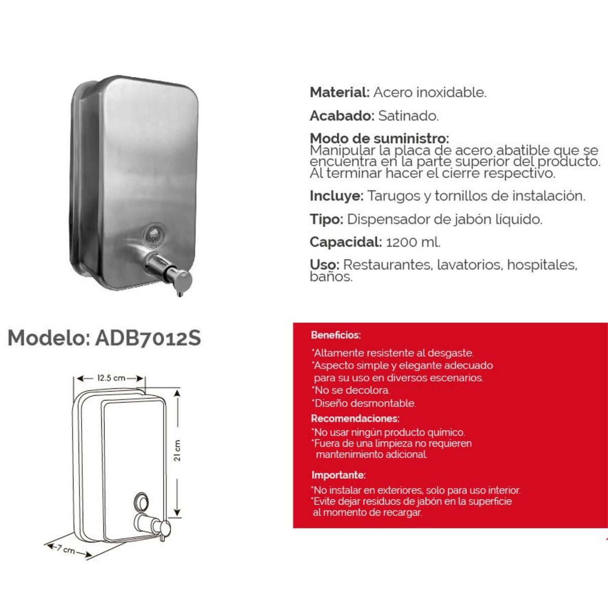 XM - Dispensador de Jabón Liquido 7012S Acero Inoxidable Satinado