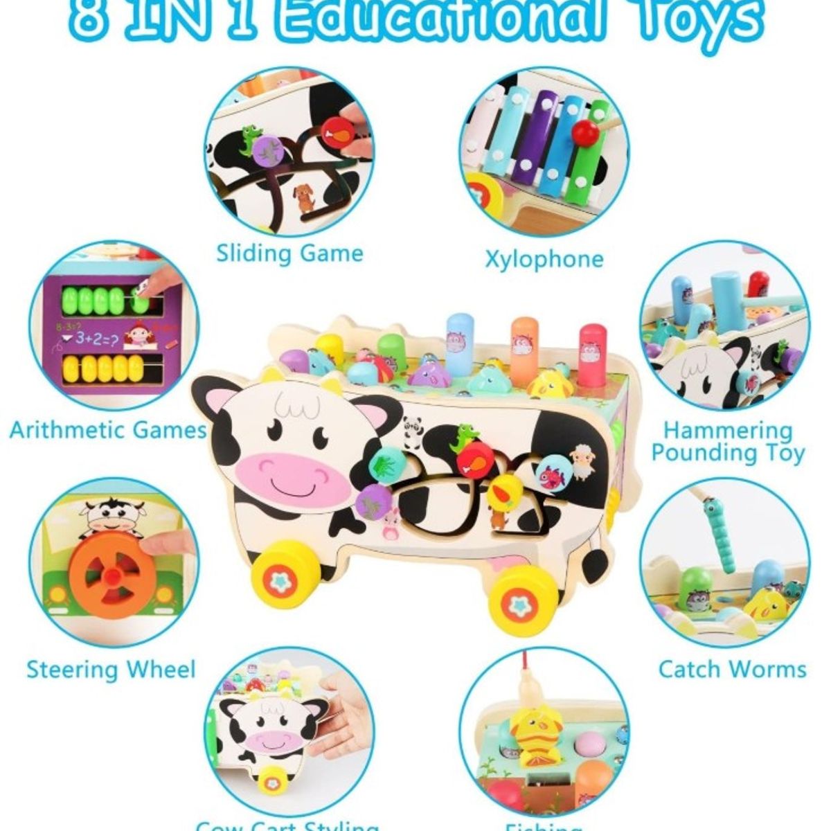 GENERICO - Vaquita de Madera Didáctica Multifunción 8 en 1 Montessori