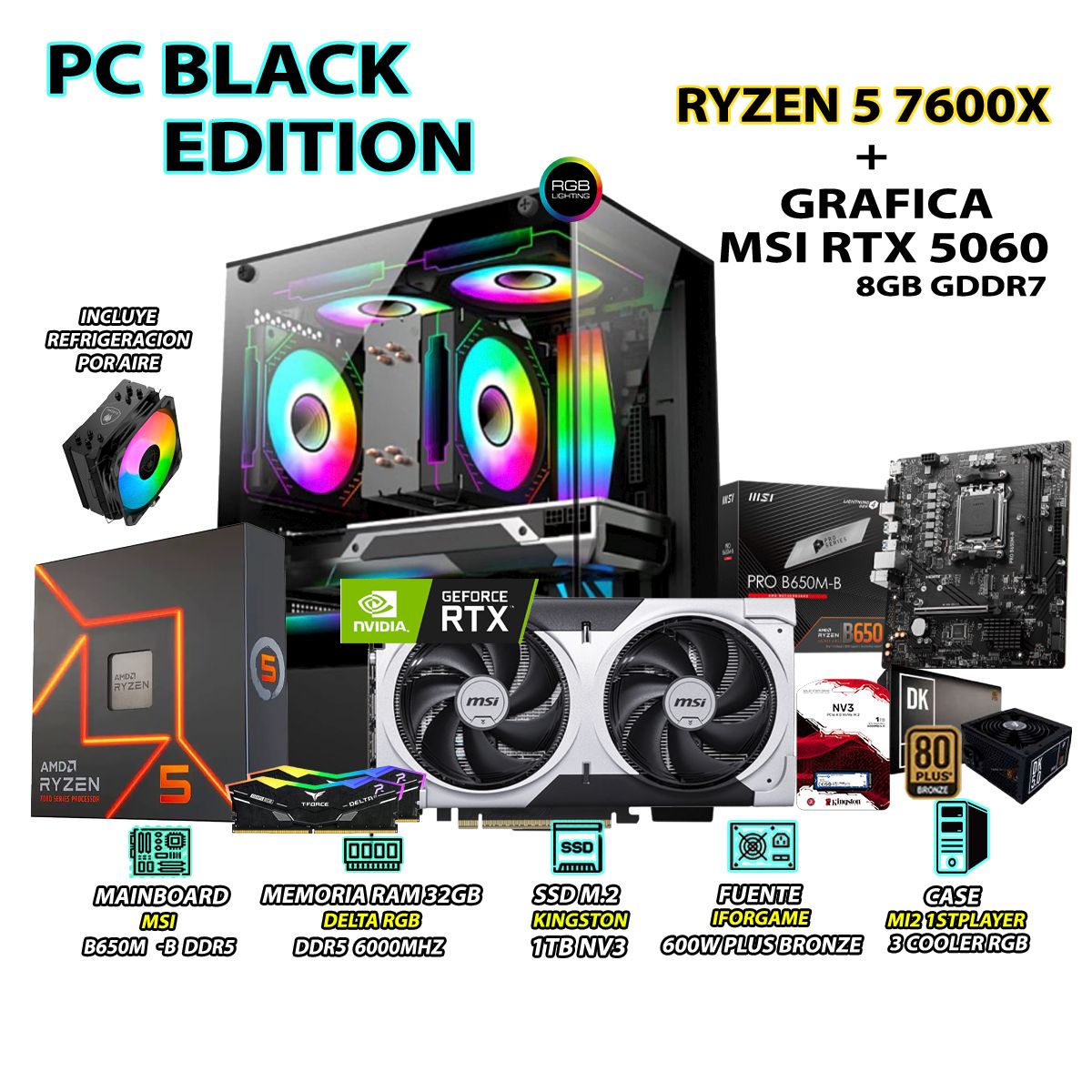 RYZEN - Computadora Gamer Pro Ryzen 5 7600X RAM 32GB DDR5 SSD 1TB GRAFICA RTX 5060 8GB