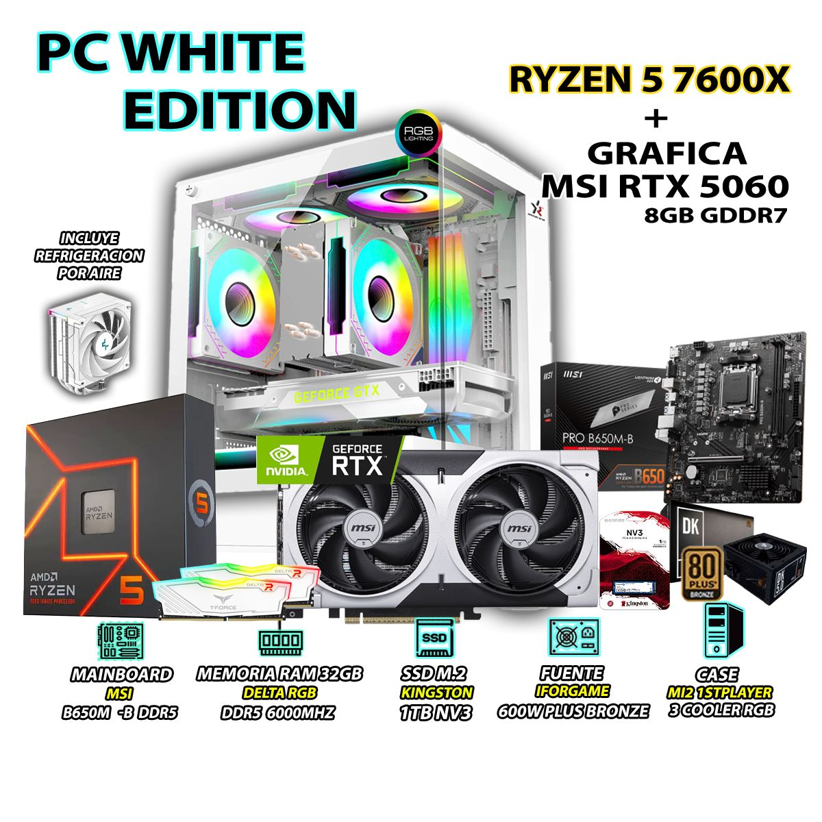 RYZEN - Computadora Gamer Pro Ryzen 5 7600X RAM 32GB DDR5 SSD 1TB GRAFICA RTX 5060 8GB